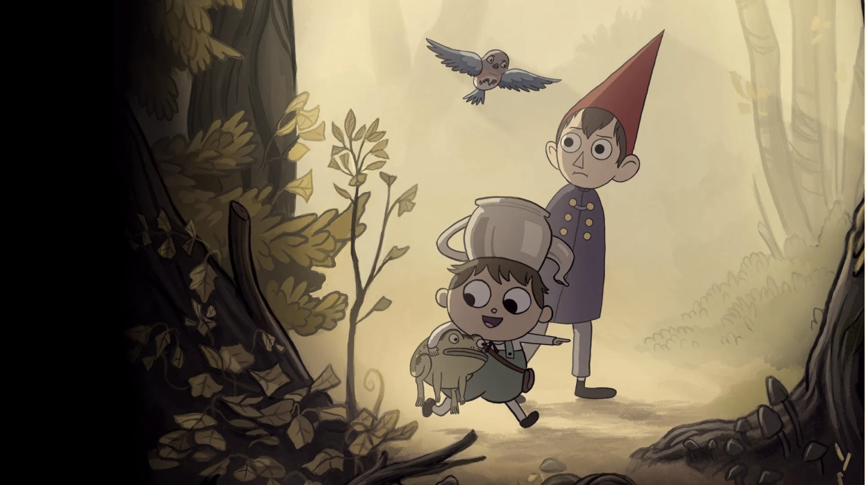 Two young brothers wearing Halloween costumes walk through the woods with a bluebird and a frog.