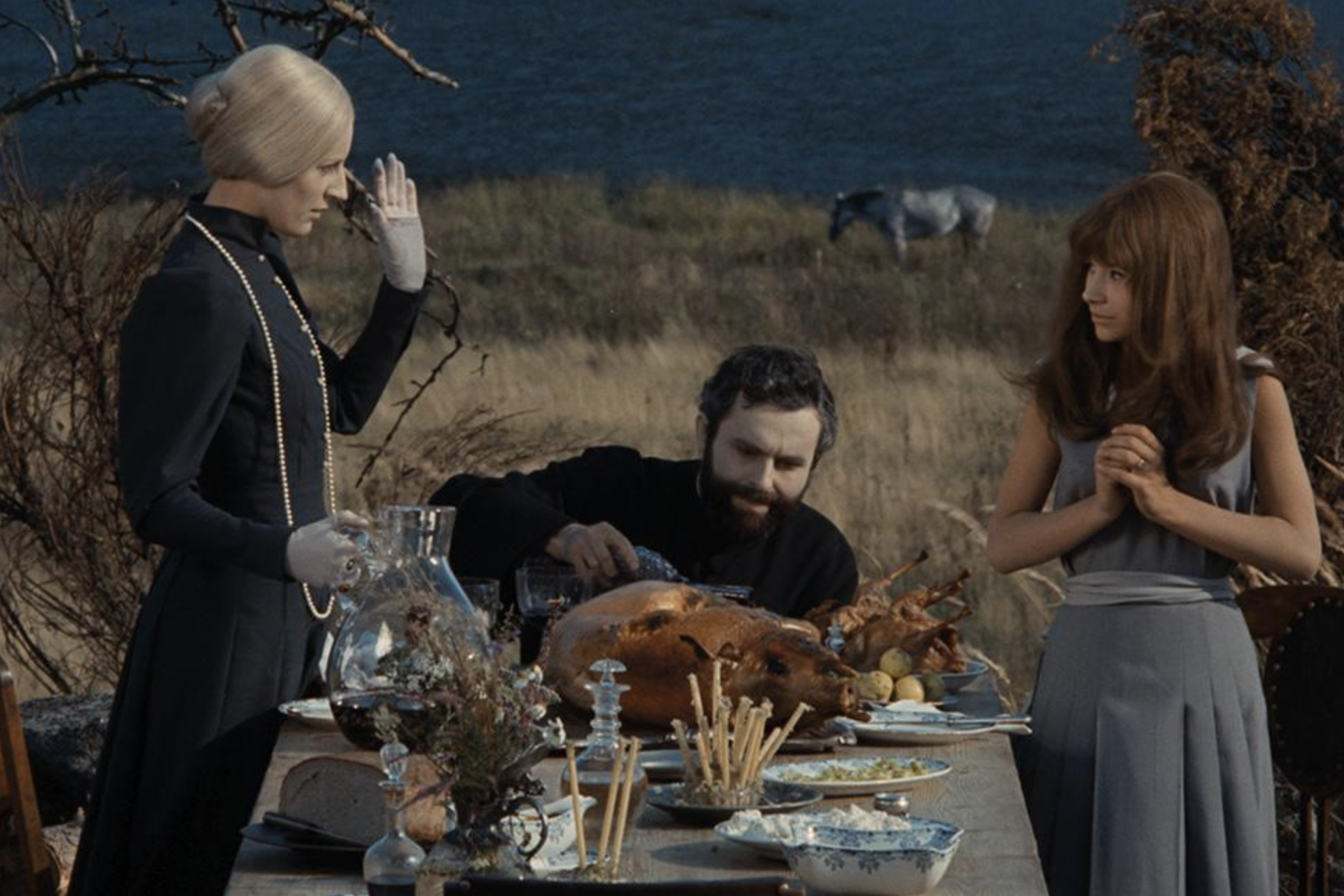 Two women stand, while one man sits, at a disjointedly formally set table in long grass on a seaside cliff.