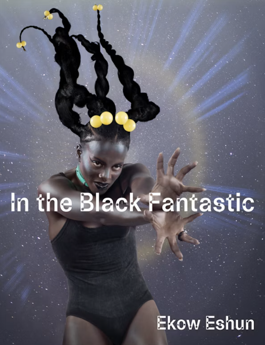 Cover art of Black femme person in dark leotard with twisted hair with yellow bobbles flying, shooting energy forward with hands.