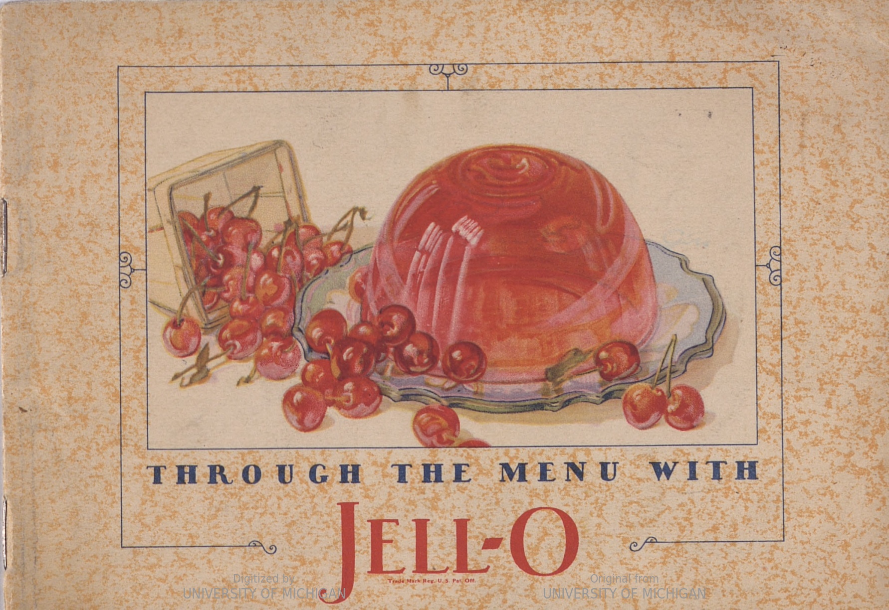 Cover of a Jell-O pamphlet illustrated by a red mound of Jell-O and scattered red cherries
