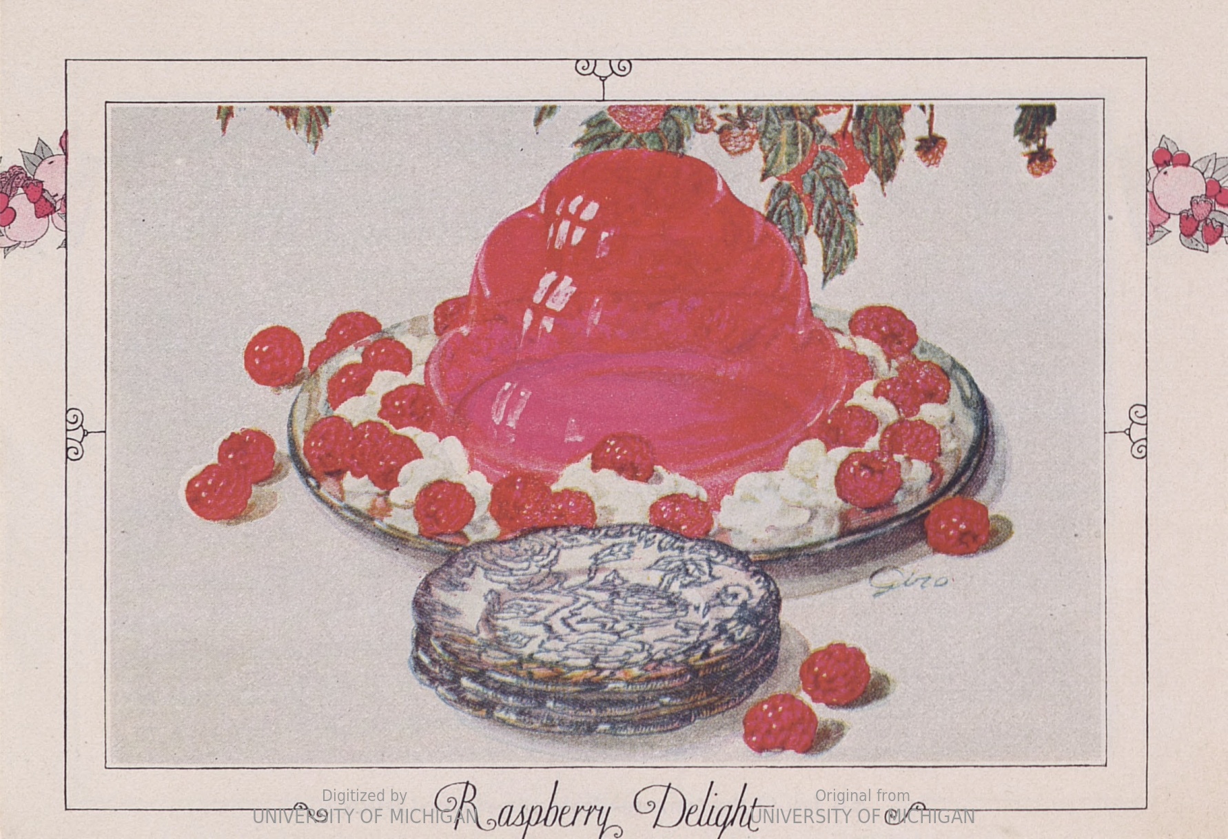 Illustration (not photographic) of a perfectly formed red jell-o mold surrounded by a border of whipping cream and scattered red raspberries