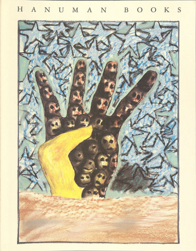 The drawing shows a stylized left hand with a bright yellow thumb, a haunting crowd of face-shaped blobs in shades of brown on the palm and fingers, and blue star shapes in the background