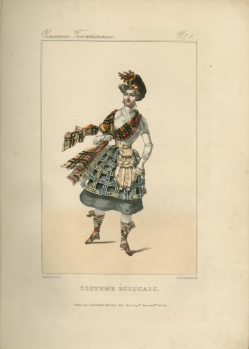 "Scottish Costume" illustration, depicting a woman wearing a tartan outfit