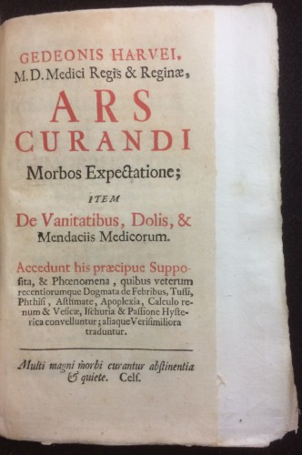 Title page from Gideon Harvey (1636/7-1702) Ars curandi morbos expectatione; item De vanitatibus, dolis, & mendaciis medicorum (Paris: Fr. Horth-Hemel, 1730) 