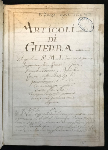 Title page of Articles of War for Francesco I (1708-1765) Holy Roman Emperor, Grand Duke of Tuscany (Florence, 1739)