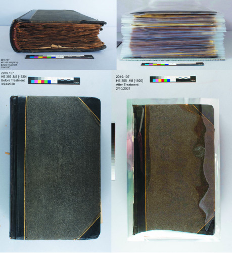 Photograph shows, from left to right clockwise, side view of scrapbook before treatment, side view of scrapbook after treatment, front cover of scrapbook in protective sleeve after treatment, front cover of scrapbook before treatment.