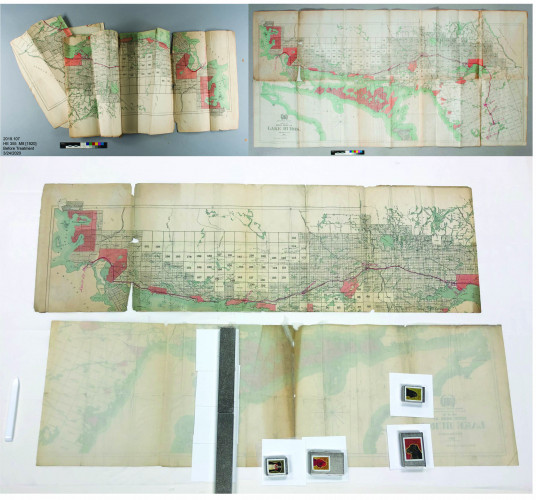 Photographs from left, right, and center: The map before treatment, after treatment, and during treatment. Dried paper mends before they’ve been trimmed can be seen in the “during” photograph. Damp paper mends are being dried under small metal weights. Square pieces of blotter and a spun polyester fabric called Hollytex were placed between the mend and the metal weight to aid in drying.
