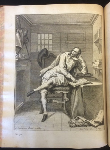 Don Quixote in his studio. Copperplate engraving. Miguel de Cervantes. Vida y hechos del ingenioso don Quixote de la Mancha (Londres: J. y R. Tonson, 1738)