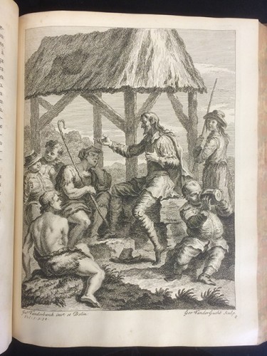 Don Quixote delivers his famous speech on the classical topos of the  Golden Age (la Edad de Oro).Copperplate engraving. Miguel de Cervantes. Vida y hechos del ingenioso don Quixote de la Mancha (Londres: J. y R. Tonson, 1738)