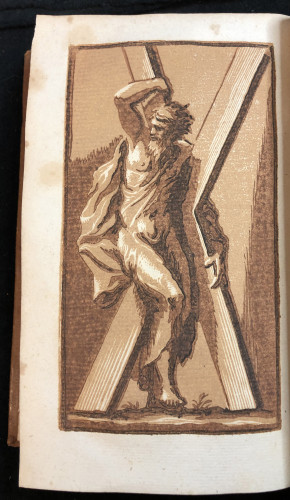 Example of a color woodcut made in the chiaroscuro technique, from Jean Michel Papillon. Traité historique et pratique de la Gravure en bois. 2 vols. (Pierre Guillaume Simon, 1766)