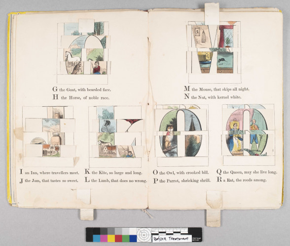 open book with moveable pictures (colored illustrations), shown mid-movement with tapes pulled