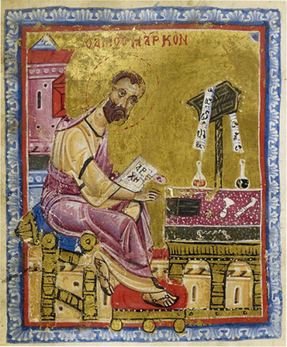 image of a man seated with writing tools and buildings in the background, in gold and colors