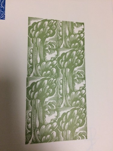 Woodcut print of green vegetation