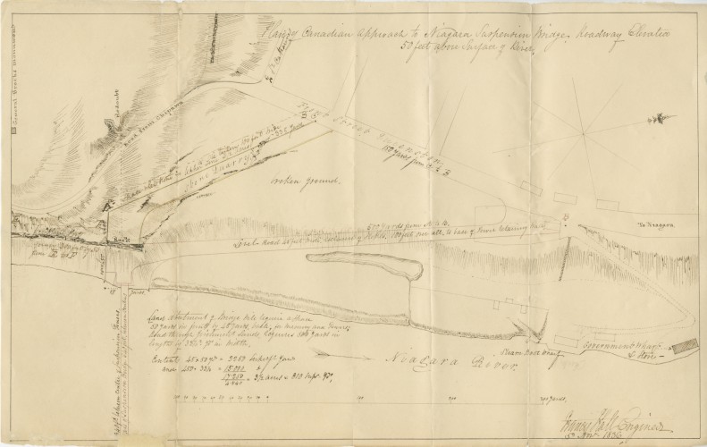 Drawing by Ellet showing the site of the suspension bridge at Niagara Falls
