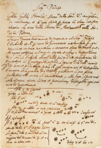 Allegedly, the document includes a draft letter to the Doge of Venice (1609) and Galileo's telescopic observations of the moons of Jupiter from January 7 to January 15,1610. 