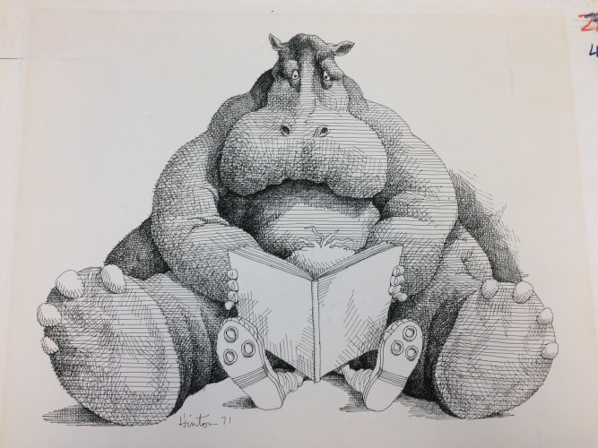 Drawing for a hippo and child reading a book