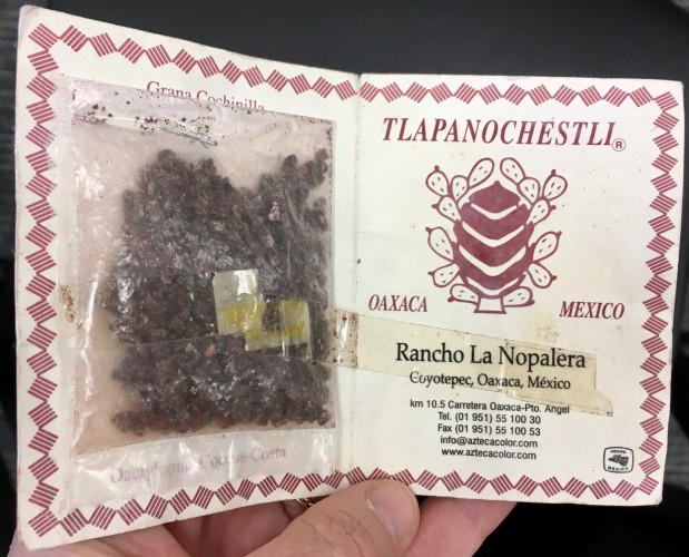 Plastic bag filled with red insects in a paper folder with text noting origins in Oaxaca Mexico