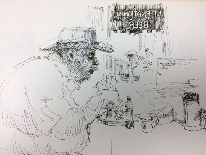 Drawing of man eating in restaurant