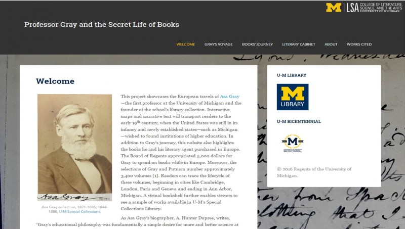screen shot of the home page of the project site Professor Gray and the Secret Life of Books