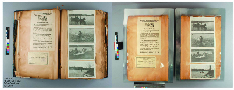 Photograph shows two pages near the front of the textblock before treatment (left) and after treatment (right). There are several examples of wear and damage seen in the left photograph: a broken section of brittle paper near the fore-edge on the right-hand page, discoloration of the paper and surface dirt around the edges of the pages, a dog-eared corner, and loose paper fragments in the gutter of the book.