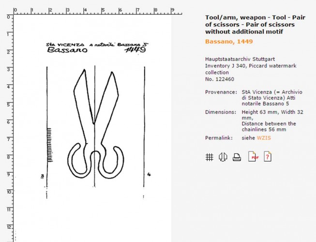 Scissors watermark no. 122460 in the Piccard Watermark Collection