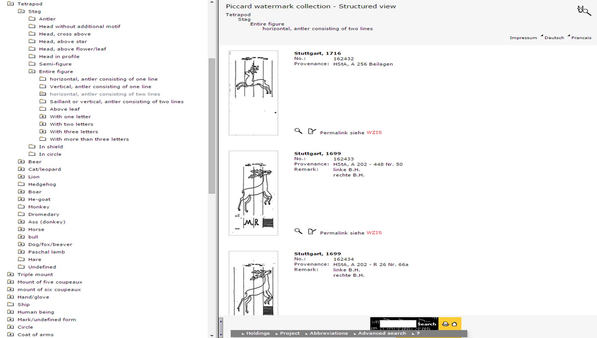 Watermarks featuring "Stag >> Entire figure >> horizontal, with antler consisting of two lines" from Piccard Online