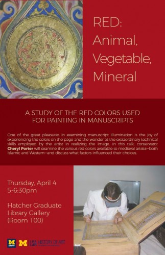 event poster with image of manuscript illumination and conservator working