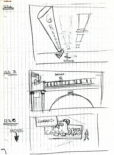 storyboard sheet of paper with sketches of buildings and signs