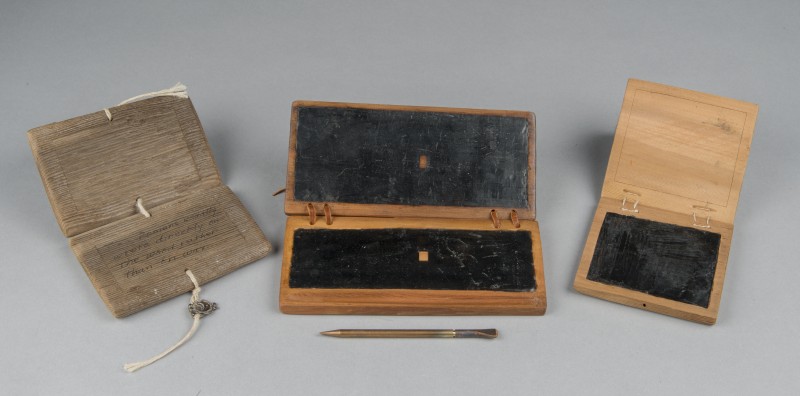 From left to right:Model of Roman wooden tablet; Wax tablet based on P. Mich. Inv. 3336, Karanis (Egypt), 1st-2nd century; Wax tablet based on P. Mich. Inv. 22185, Karanis (Egypt), 1st-3rd century