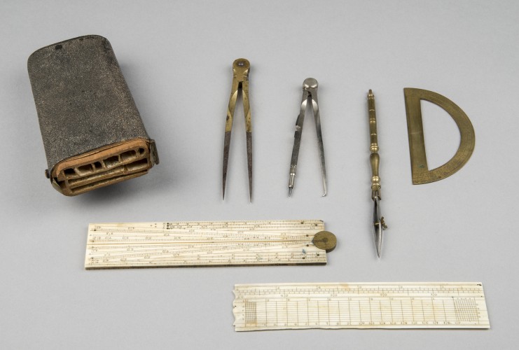 Set of drawing tools belonging to Charles Ellet, Jr., including several metal drawing tools, two bone measurement tools, and a carrying case