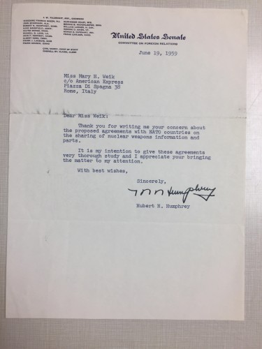 Letter to Mary Weik from Hubert Humphrey