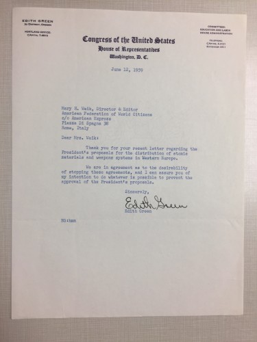 Photograph of letter to Mary Weik from Representative Edith Green