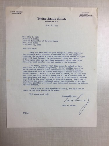 Letter to Mary Weik from John F. Kennedy