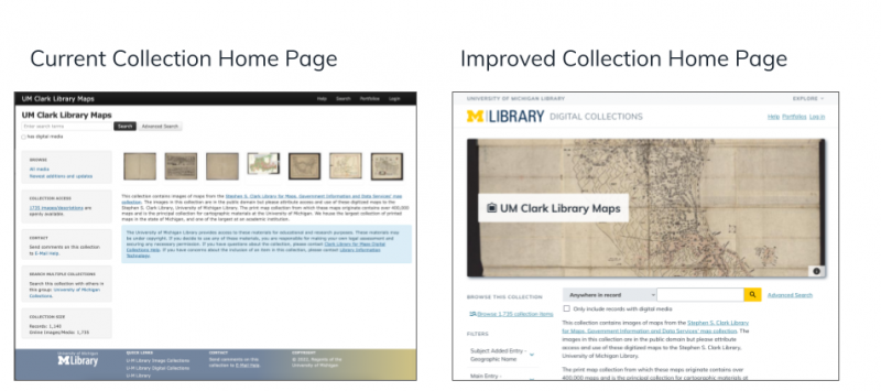 Side-by-side view of the current and improved image digital collections Collection Home interfaces.