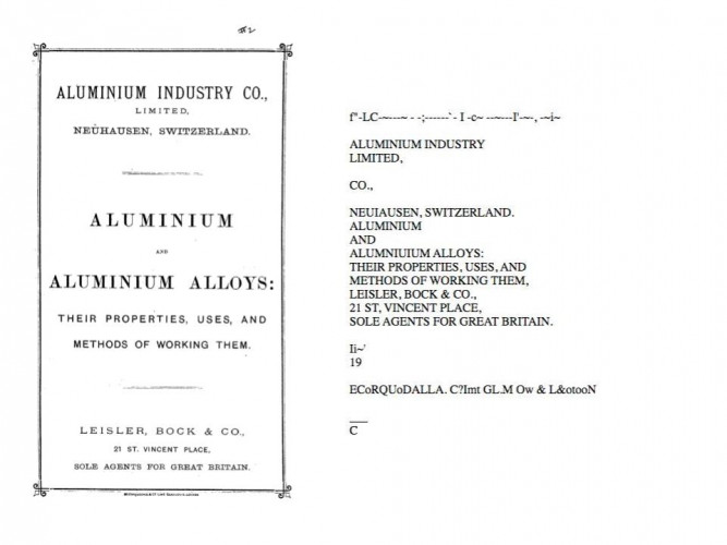 Side-by-side comparison of title page and OCR for the English language pamphlet 'Aluminium and Aluminium Allows: Their Properties, Uses, and Methods of Working Them'