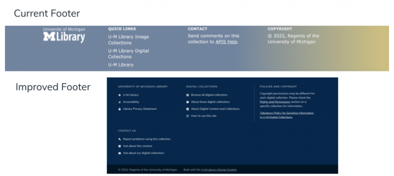 Top and bottom view of the current and improved image digital collections Footer interfaces.