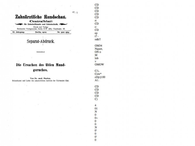 Side-by-side view of title page and OCR for German language pamphlet 'Die Ursachen des ublen Mundgeruches'