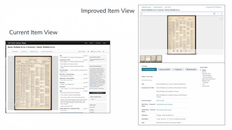 Side-by-side view of the current and improved image digital collections Item View interfaces.