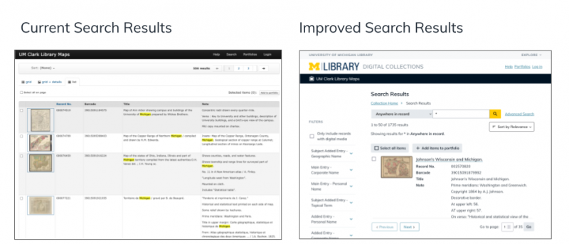 Side-by-side view of the current and improved image digital collections Search Results interfaces.