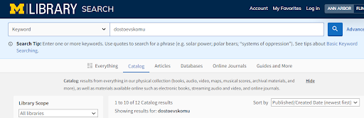 A search within Library Catalog Search for the term 'dostoevskomu' returns 12 catalog results. 