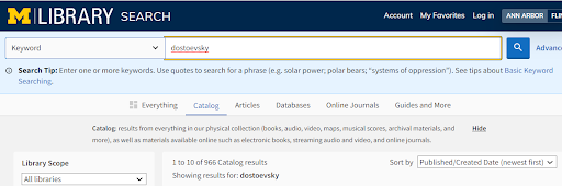 [A Library Catalog Search for the term 'dostoevsky' returns 966 results.]