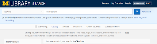 [The Library Catalog Search for the term 'shafikadkani' as one word returns no results.]