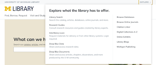 Image of the Library's Explore menu