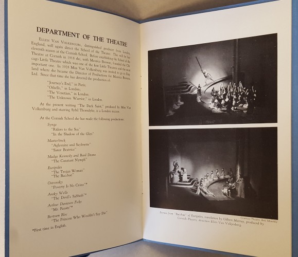 Pagespread of booklet describing various departments of Cornish's program. Left-hand page describes Theater dept. and Van Volkenburg's qualifications; right-hand side shows photographs of productions. 