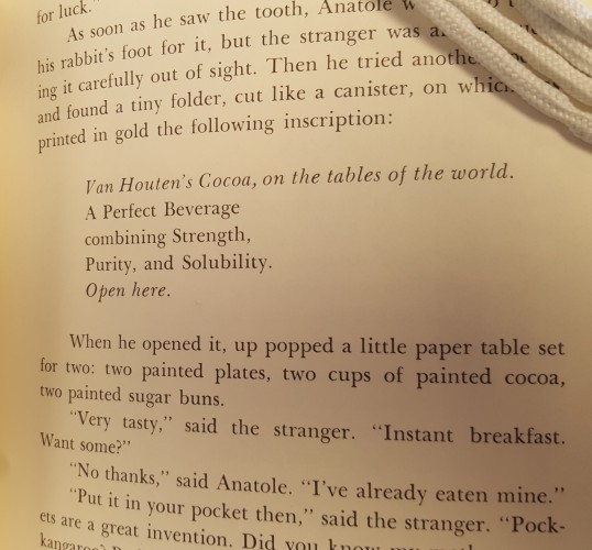 Published page of Sailing to Cythera showing the advertising jingle from the draft with minor editions. First line now reads: Van Houten's cocoa, on the tables of the world. And an additional last line reads: Open here. 