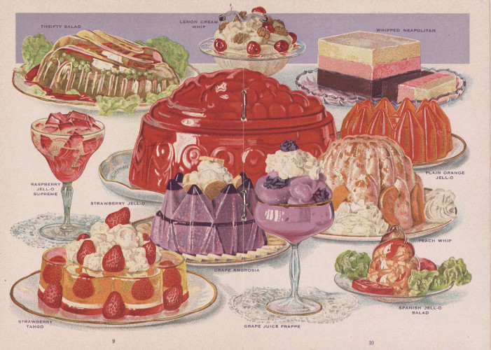 Illustration of various brightly colored jell-o mould desserts