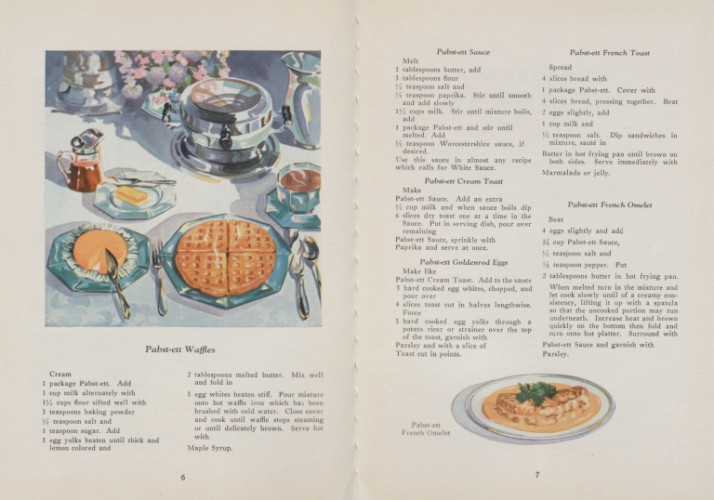 page opening showing a golden waffle on a plate on a white tablecloth, with a recipe for pabst-ett Waffles, using a soft cheese marketed by Pabst Brewing Company