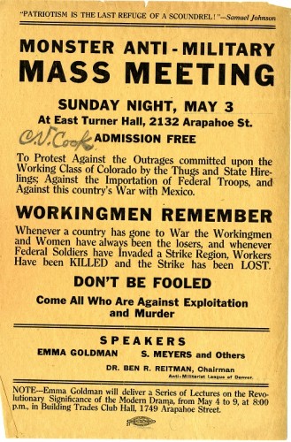 Tan colored flyer reading "Anti-Military Monster Mass Meeting"