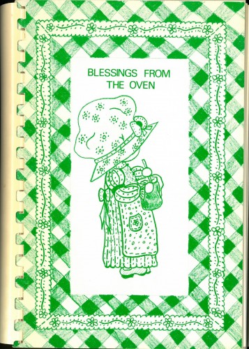 Cover of Blessings from the Oven, showing stock line drawing of female figure in large hat with a bowl