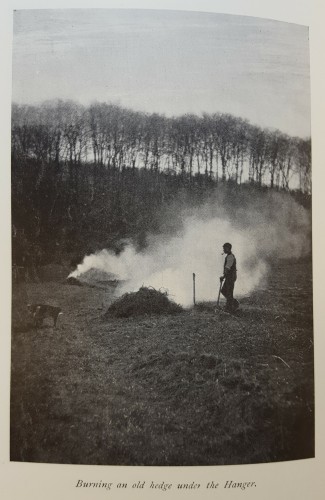 Black and white photograph of a man standing over a smoking fire, against a skyline of leafless trees